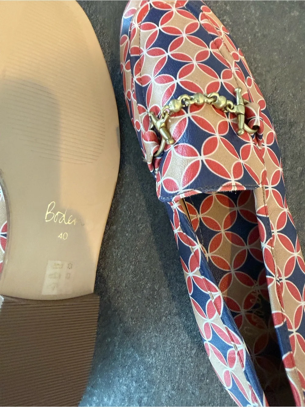 Boden Coral, Navy & Tan Geometric Bit Loafers